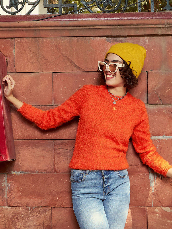 Women Orange Round Neck Hairy Fur Pullover Sweater | WomensFashionFun