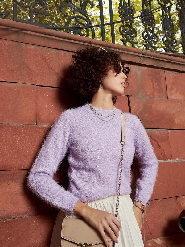 Women Purple Round Neck Hairy Fur Pullover Sweater | WomensFashionFun