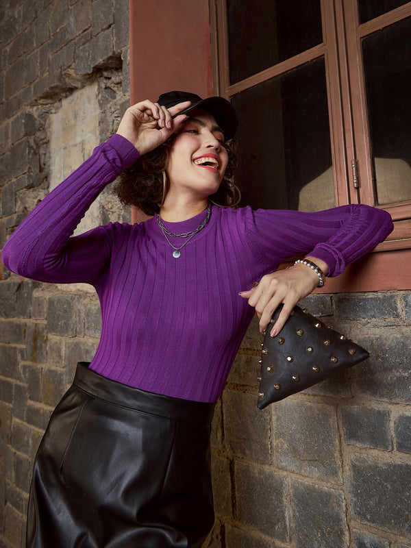 Women Purple Rib Full Sleeves High Neck Sweater | WomensFashionFun