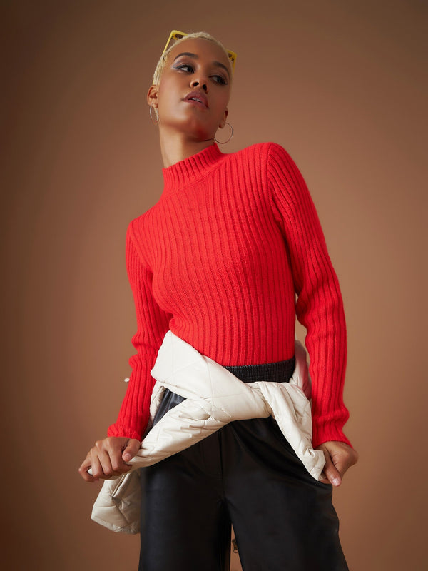 Women Red Rib Full Sleeves High Neck Sweater | WomensFashionFun