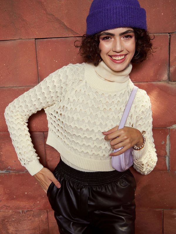 Women Off-White Crochet Crop Sweater Top | WomensfashionFun.com