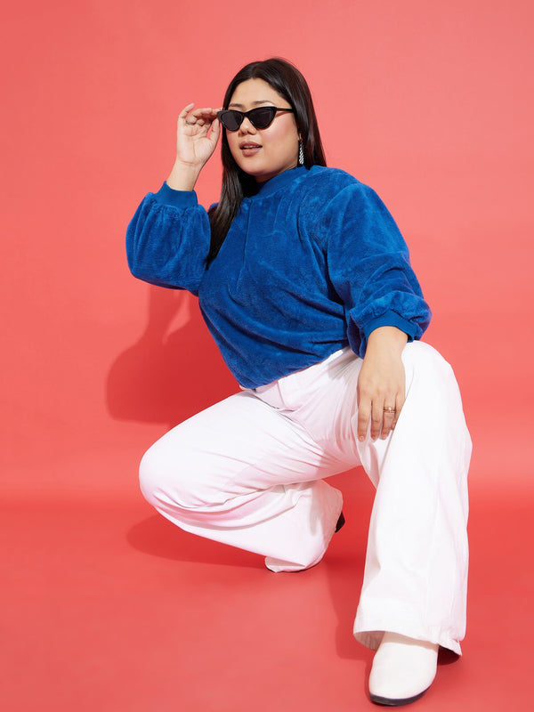 Women Royal Blue Fleece Fur High Neck Sweatshirt | WomensFashionFun