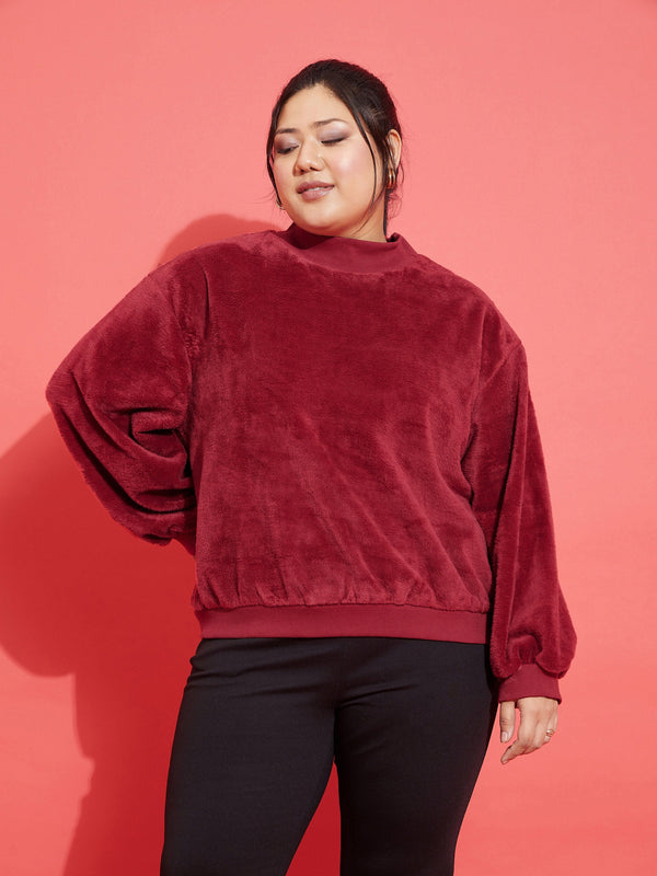 Women Maroon Fleece Fur High Neck Sweatshirt | WomensFashionFun