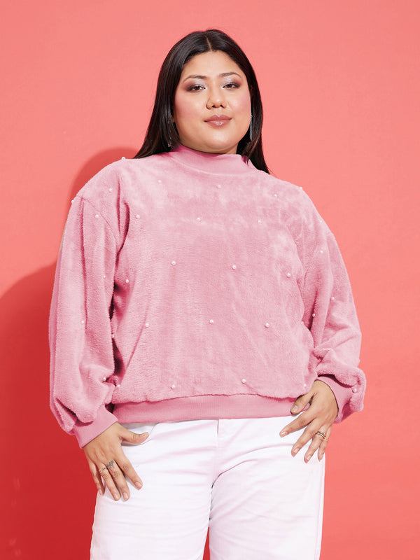 Women Pink Fleece Fur Pearl Detail Sweatshirt | WomensFashionFun