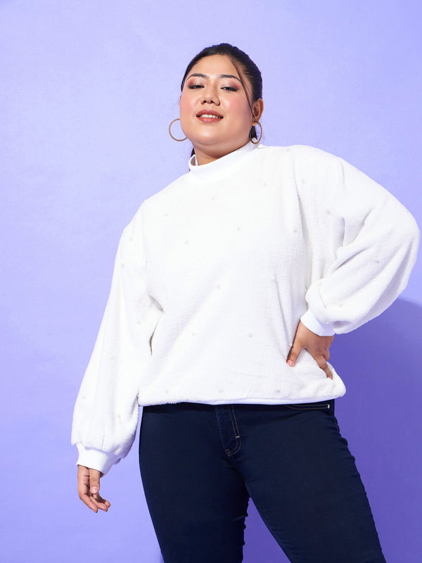 Women White Fleece Fur Pearl Detail Sweatshirt | WomensFashionFun