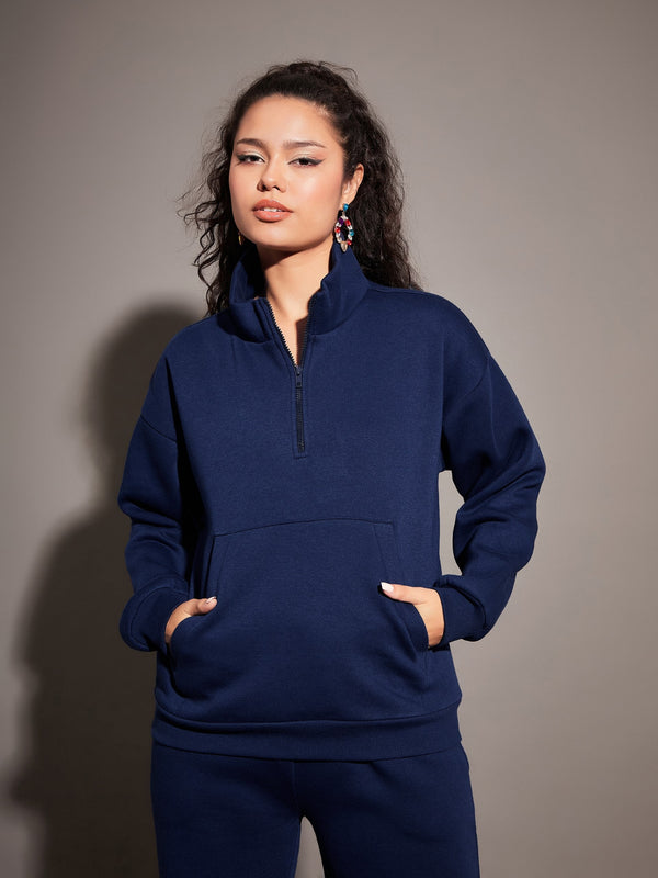 Women Navy Fleece Front Zipper Sweatshirt | WomensfashionFun.com