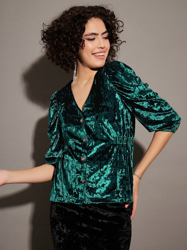 Women Emerald Velvet Front Button Top | WomensfashionFun.com