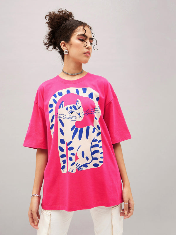 Women Barbie Pink Cat Print Oversized T-shirt | WomensFashionFun