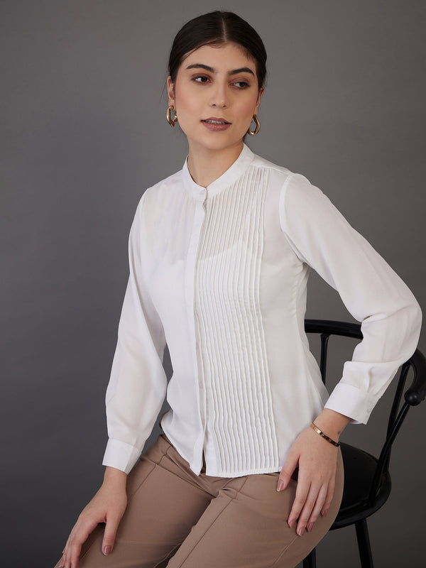 Women White Front Pin Tuck Shirt Style Top | WomensFashionFun