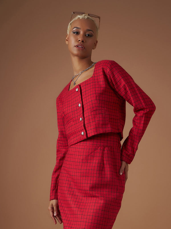 Women Red Check Jacquard Tweed Square Neck Top | WomensfashionFun.com