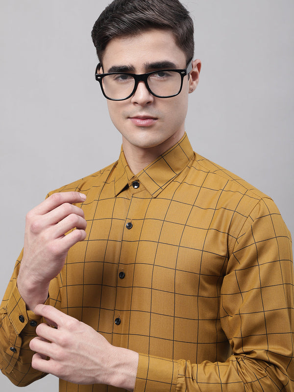Men's Mustard Cotton Checked Formal Shirt | WomensfashionFun.com