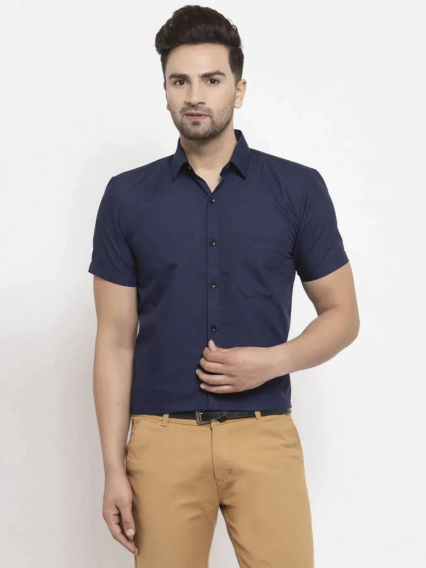 Navy Men's Cotton Half Sleeves Solid Formal Shirts | WomensfashionFun.com