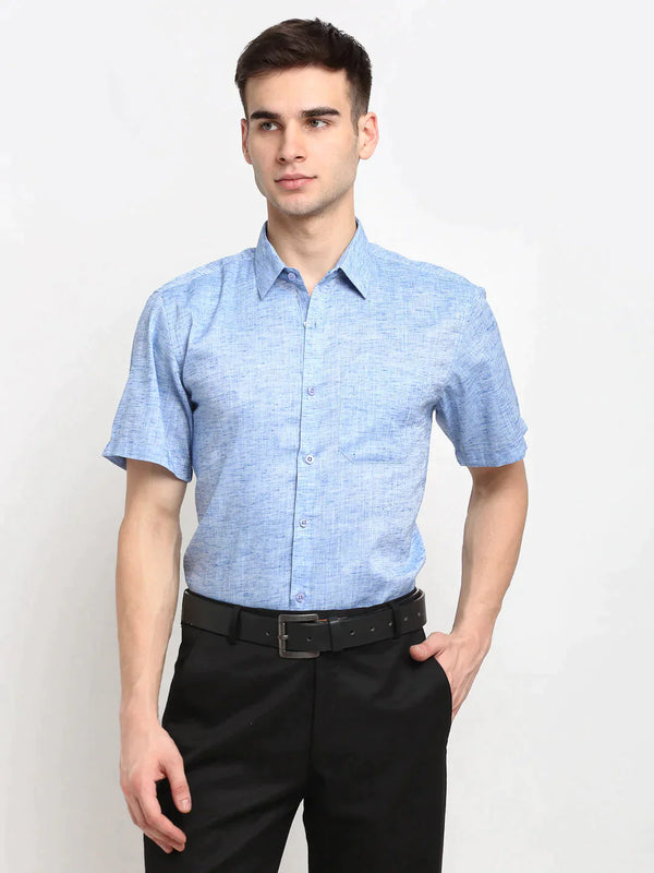 Blue Men's Solid Cotton Half Sleeves Formal Shirt | WomensFashionFun
