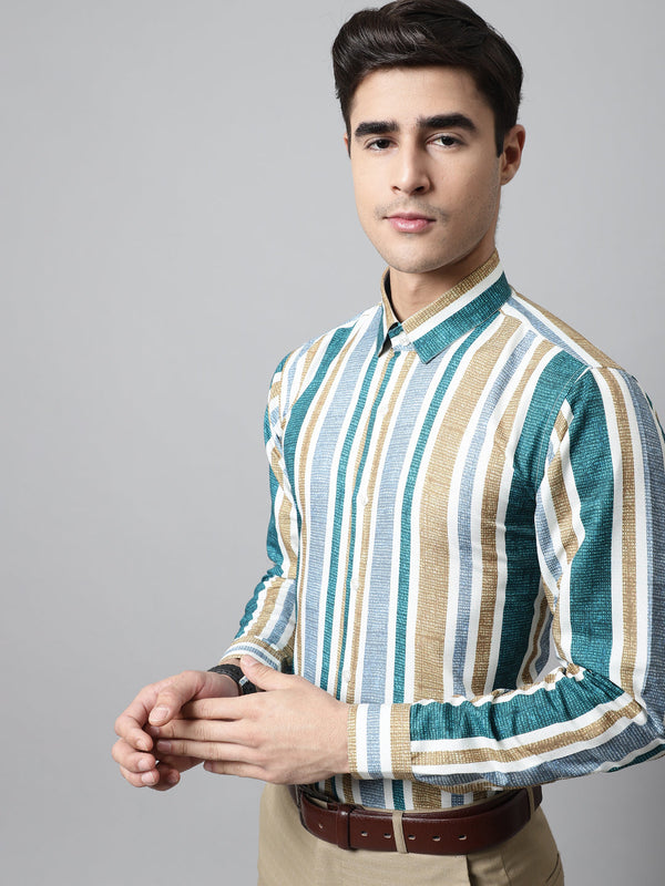 Men Green Classic Striped Formal Shirt | WomensfashionFun.com