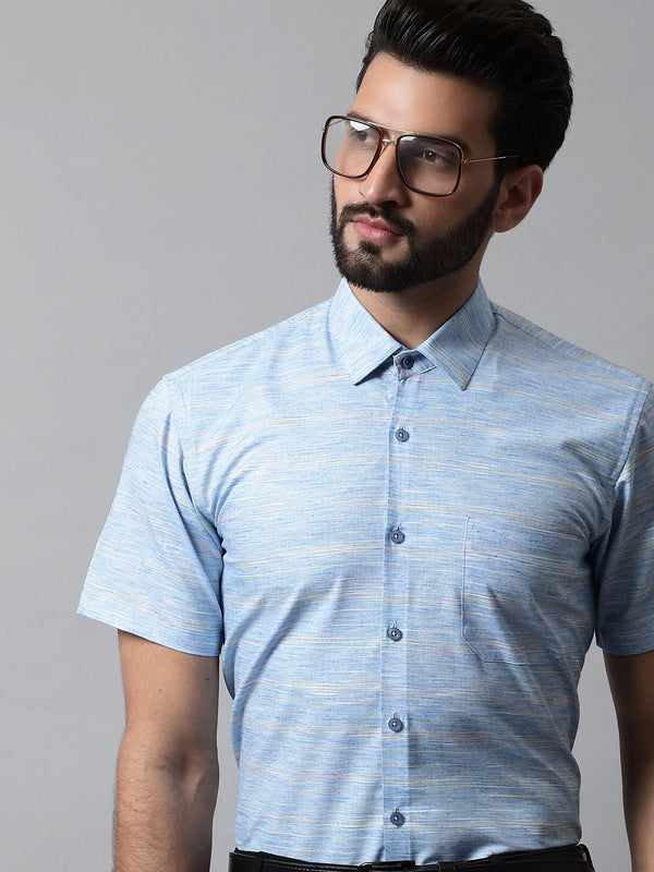 Men Blue Woven Design Short Sleeves Formal Shirt | WomensfashionFun.com