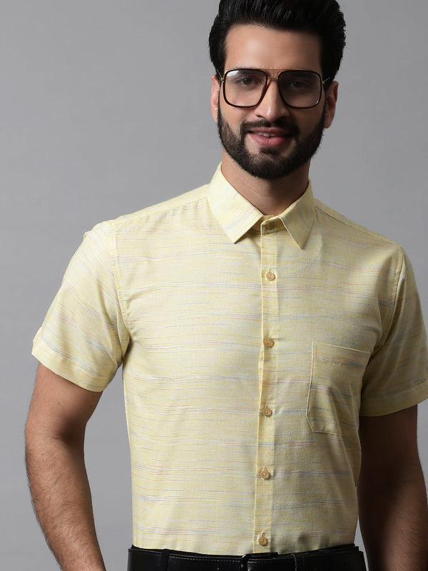 Men Yellow Woven Design Short Sleeves Formal Shirt | WomensfashionFun.com