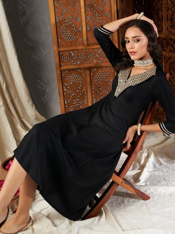 Women Black Zari Embroidered A-Line Dress | WomensFashionFun