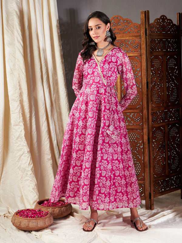 Women Pink Floral Wrap Anarkali Dress | WomensfashionFun.com