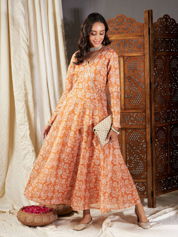 Women Mustard Floral Wrap Anarkali Maxi Dress | WomensFashionFun