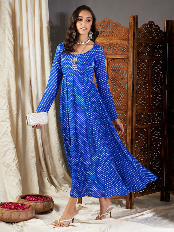 Women Blue Lehariya Anarkali Dress | WomensFashionFun