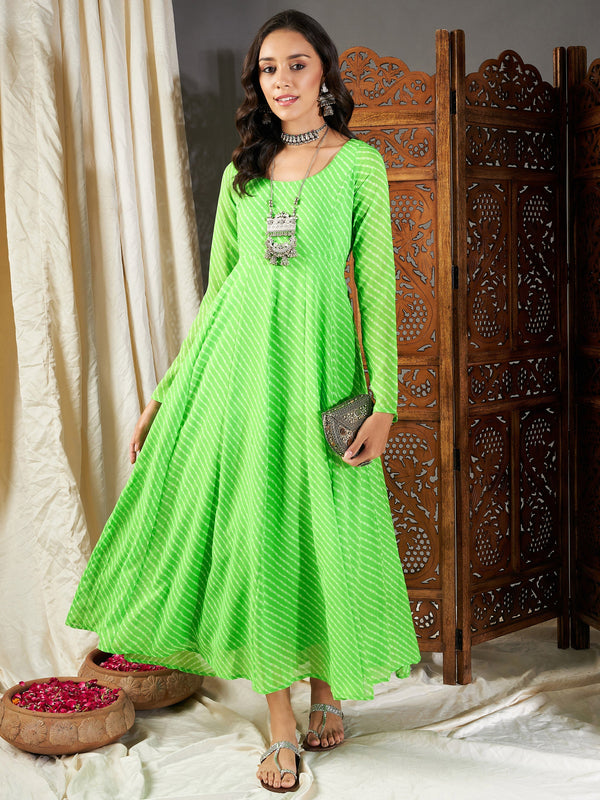 Women Green Lehariya Anarkali Dress | WomensFashionFun