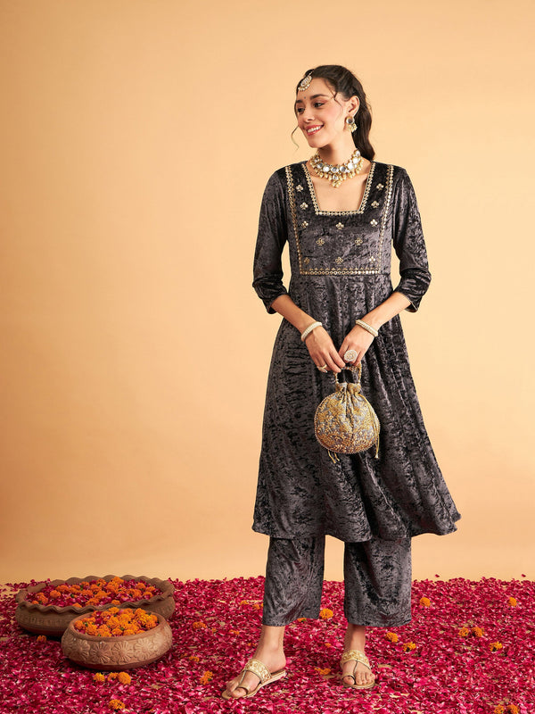 Women Grey Velvet Embroidered Anarkali Dress | WomenFashionFun