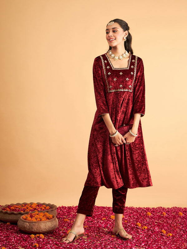 Women Maroon Velvet Embroidered Anarkali Dress | WomenFashionFun
