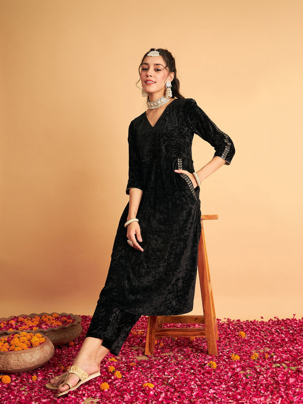 Women Black Velvet Embroidered Pocket Anarkali Dress | WomenFashionFun