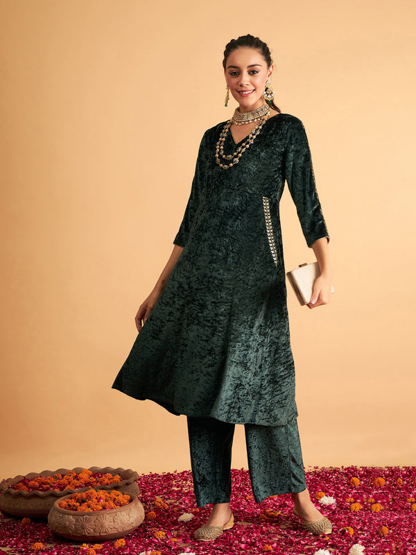 Women Emerald Velvet Embroidered Pocket Anarkali Dress | WomenFashionFun