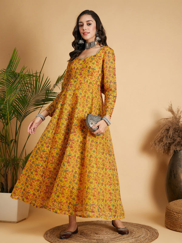 Women Mustard Floral Anarkali Maxi Dress | WomenFashionFun