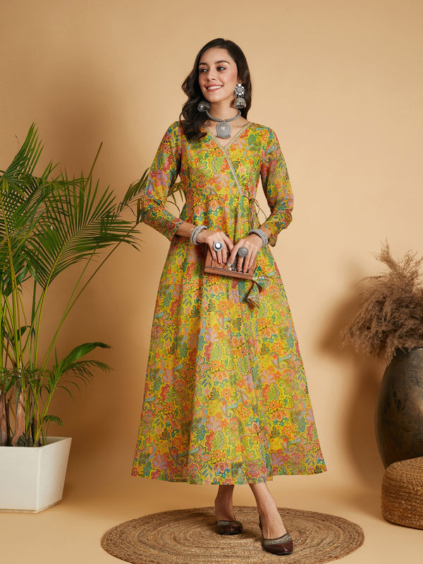 Women Lemon Yellow Floral Anarkali Maxi Dress | WomenFashionFun
