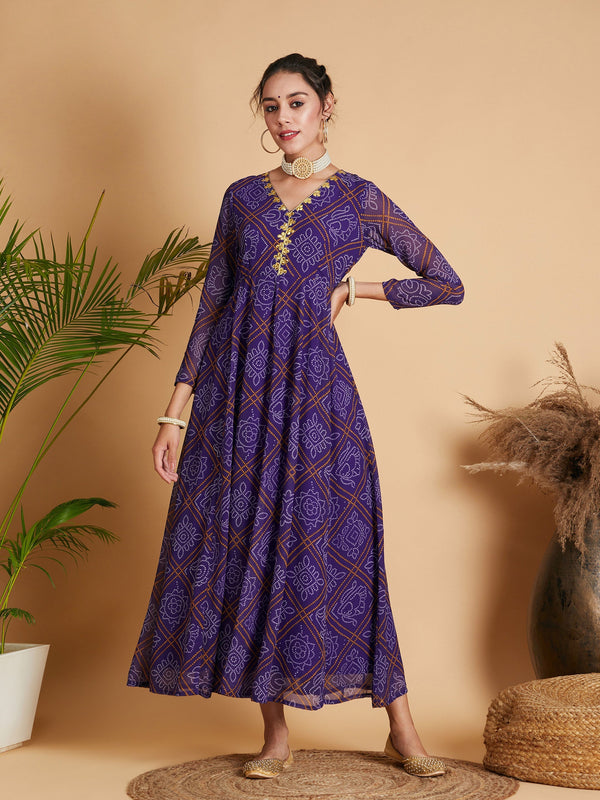 Women Purple & White Bandhej Anarkali Dress | WomenFashionFun