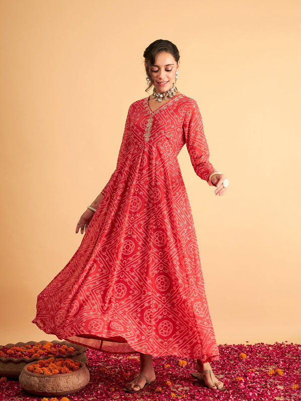Women Red & White Bandhej Anarkali Dress | WomenFashionFun