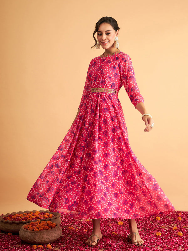 Women Fuchsia & Blue Bandhej Anarkali Dress | WomenFashionFun