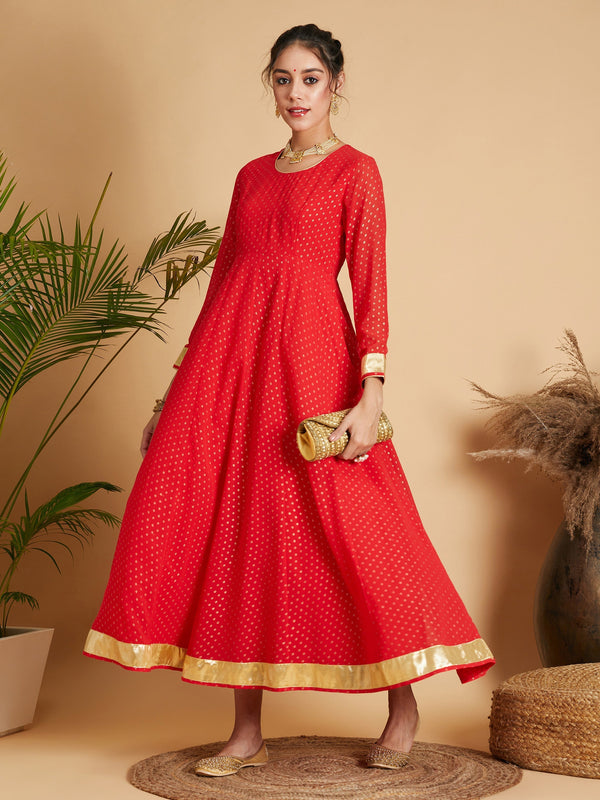 Women Red Dot Foil Print Anarkali Dress | WomenFashionFun