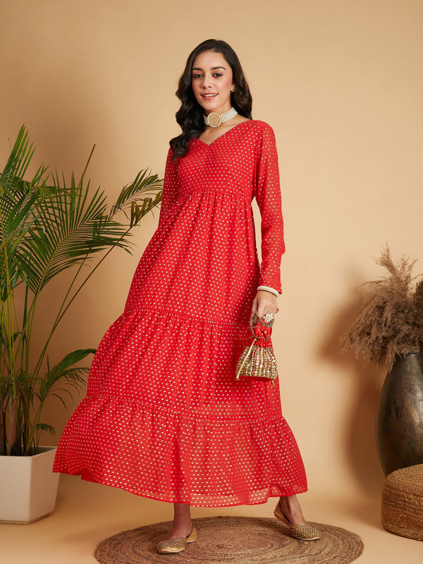 Women Red Dot Foil Print Tiered Maxi Dress | WomenFashionFun