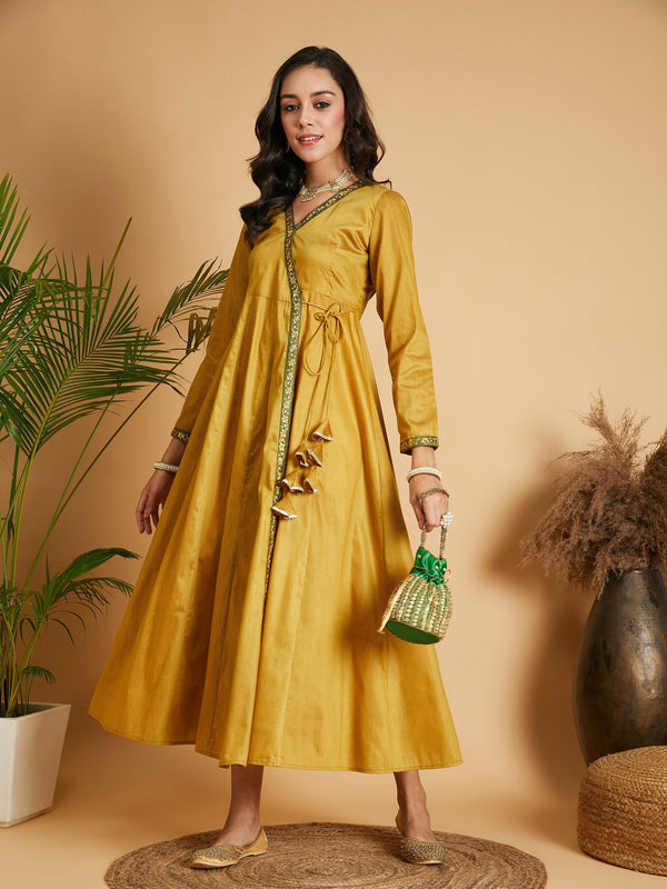 Women Mustard Angrakha Anarkali Dress With Slip | WomenFashionFun