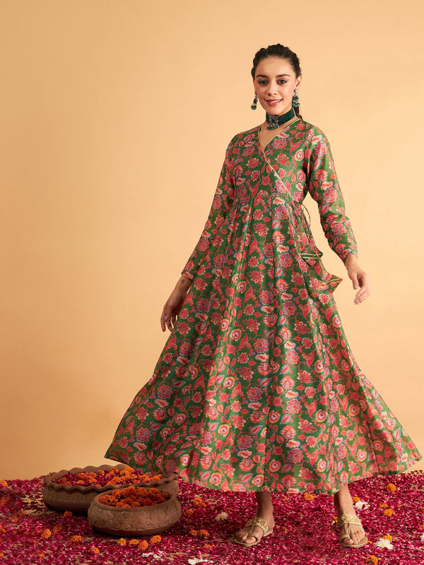 Women Green Floral Wrap Neck Anarkali Maxi Dress | WomensfashionFun.com