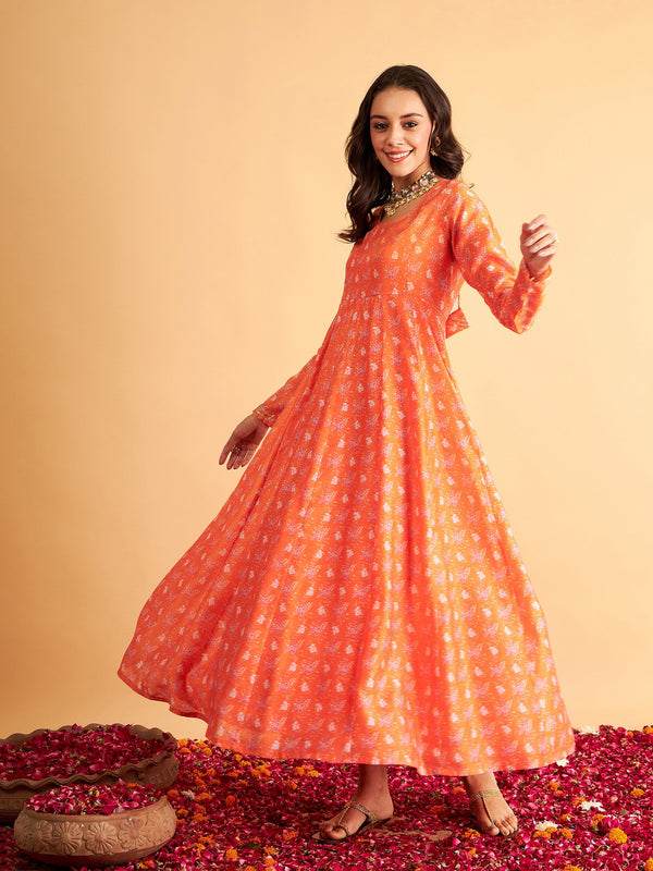 Women Orange Floral Round Neck Anarkali Maxi Dress | WomensFashionFun