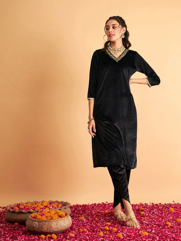 Women Black Velvet Zari Embroidered Pocket Straight Kurta | WomenFashionFun