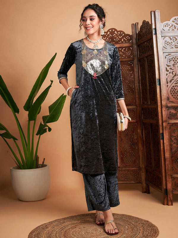 Women Grey Velvet Sequin Embroidered Straight Kurta | WomensFashionFun