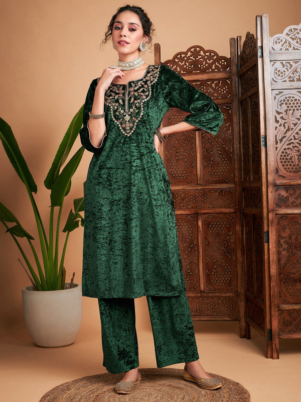 Women Emerald Velvet Embroidered Straight Kurta | WomensFashionFun