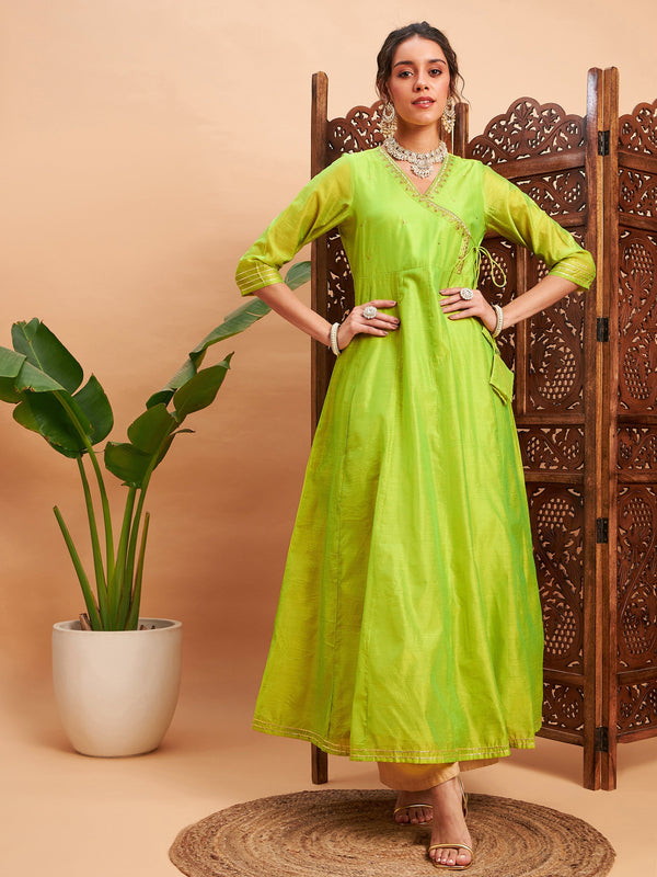 Women Lime Green Chanderi Embroidered Wrap Anarkali Kurta | WomensfashionFun.com