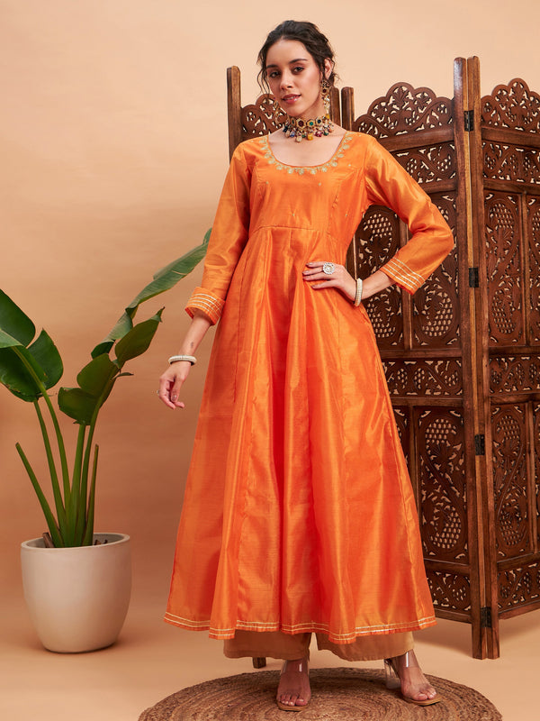 Women Orange Chanderi Embroidered Anarkali Maxi Kurta | WomensfashionFun.com