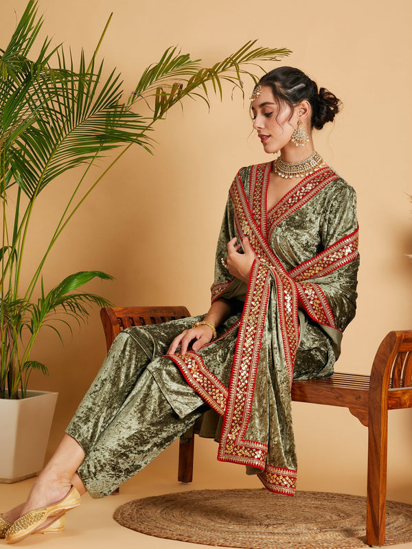 Women Olive Velvet Lace Detail Dushala | WomenFashionFun