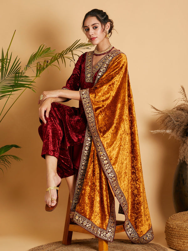 Women Mustard Velvet Lace Detail Dushala | WomenFashionFun