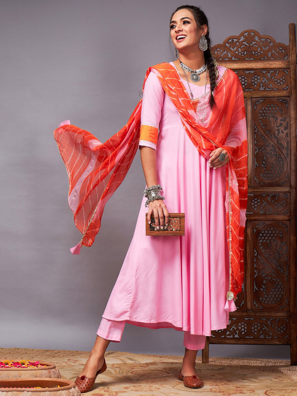 Women Pink Kurta Set With Orange Lehariya Dupatta | WomensFashionFun