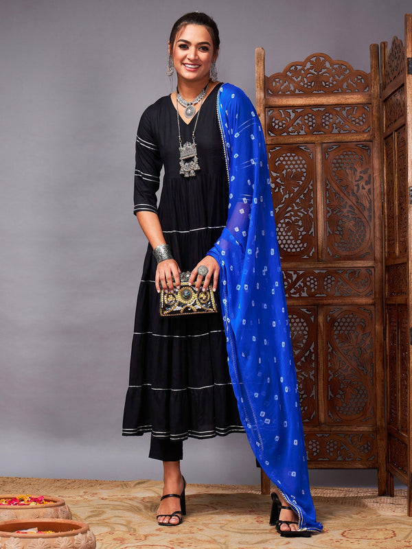 Women Black Tiered Kurta Set With Blue Bandhej Dupatta | WomensFashionFun