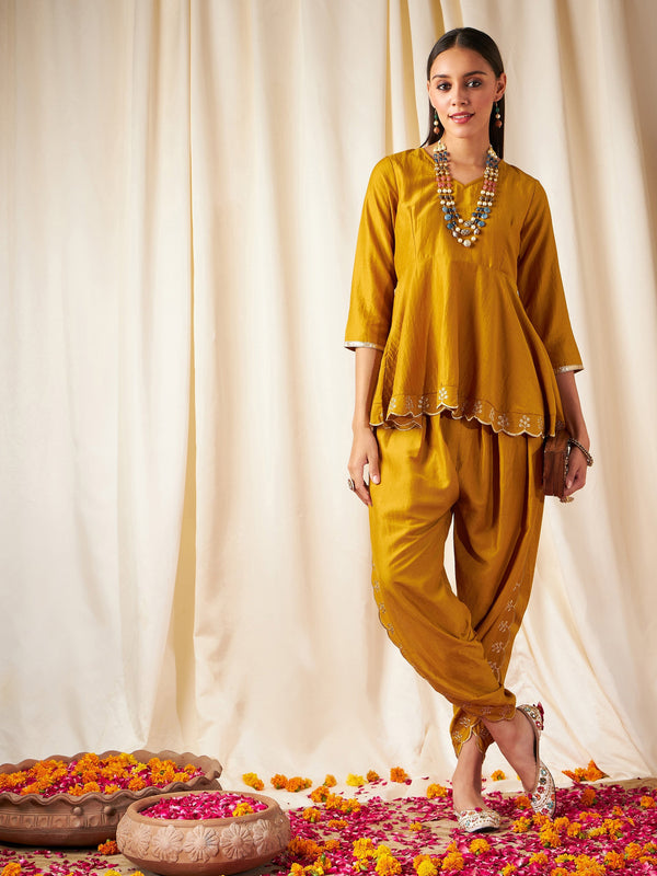 Women Mustard Zari Embroidered Peplum Top With Dhoti Pants | WomensFashionFun