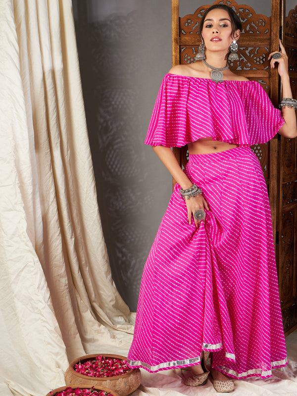 Women Pink Lehariya Off Shoulder Crop Top With Anarkali Skirt | WomensFashionFun